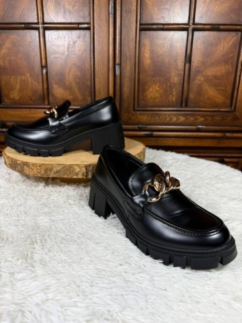 Tinstree Black Faux Leather Gold Chain Detail Chunky Lug Sole Loafer